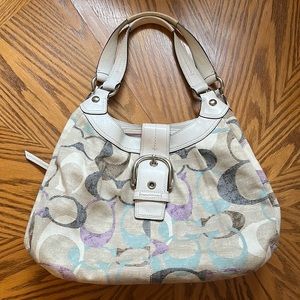 Coach Lynn Soho Linen Style Hobo Shoulder Bag Signature C Monogram F16592 GUC